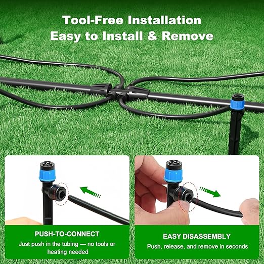 230FT Quick-Connect Drip Irrigation System Kit with 1/4” & 1/2” Fast-Lock Tubing, Adjustable Emitters & Sprinklers for Garden & Greenhouse