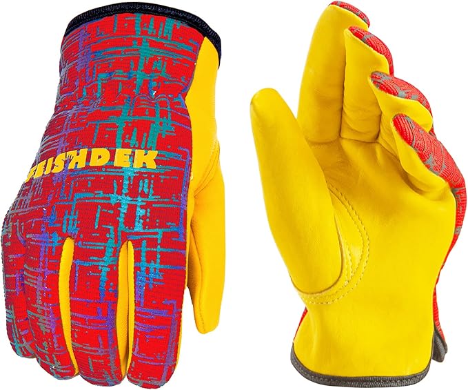 Kids Genuine Leather Work Gloves, Red, XL, 10-12 Years Old