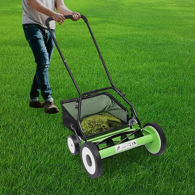 16 Inch Manual Push Reel Lawn Mower with Adjustable Mowing Height, 5 Blades and Collection Bag, Push Lawn Sweeper Grass Catcher Outdoor Power Tools for Picking up Leaves,Grass and Debris on Lawns