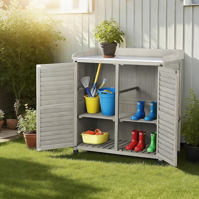 Gray Outdoor Potting Bench with Metal Work Top & Vented Louvered Doors,Waterproof Garden Storage Cabinet,Wooden Tool Station Shed for Backyard,Patio,Lawn Gardening