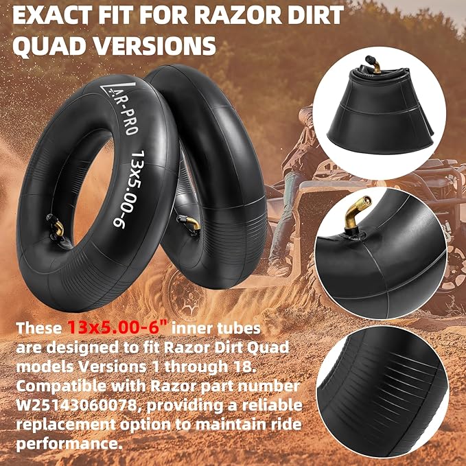 AR-PRO (2-Pack) 13x5.00-6 Heavy-Duty Inner Tubes Replacement for Razor Dirt Quad Versions, TR87 Bent Valve Stem, Fits Lawn Mowers, Go-Karts, ATVs, Snow Blowers, Garden Tractors, and More