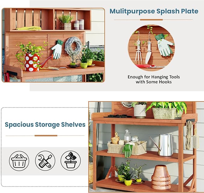 Outdoor Storage Cabinet, Large Wooden Potting Bench Table, Multi-Functional Patio Workstation with 4 Storage Shelves and Side Hook, Garden Storage for Outdoor, Garden (Natural)