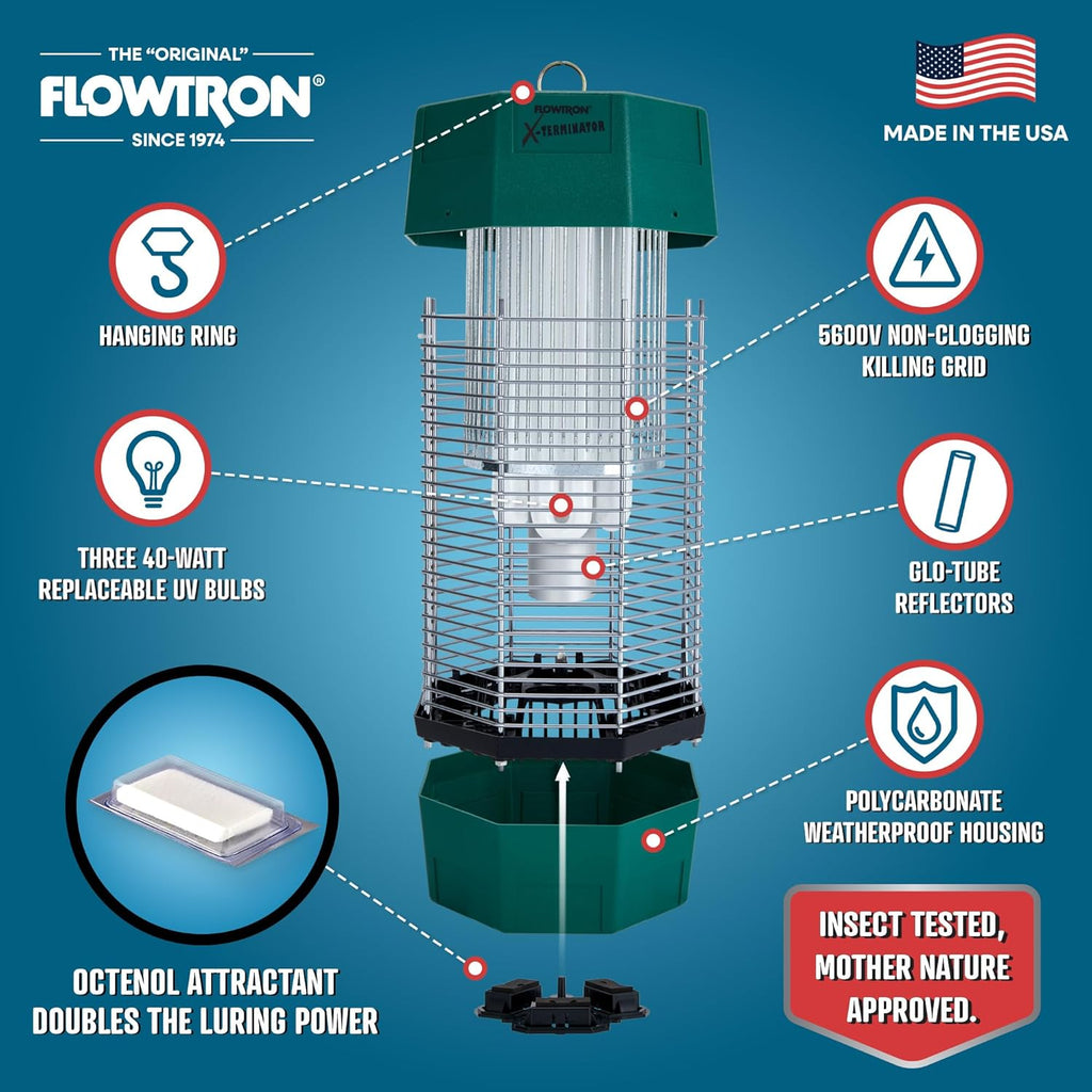 Flowtron Electric Bug Zapper 2 Acres Outdoor Insect Control with Dual Lure Method, 120W UV Light & Octenol Attractant for Fly & Mosquito, 5600V Kill Grid, Made in USA