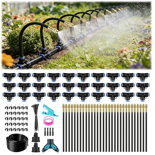 Drip Irrigation System 100FT, 1/4 inch Hose Garden Irrigation Kit with 30pcs 360° Adjustable Copper Nozzles, Upgrade Atomizing Watering System for Yard, Plants, Lawn, Greenhouses Accessories