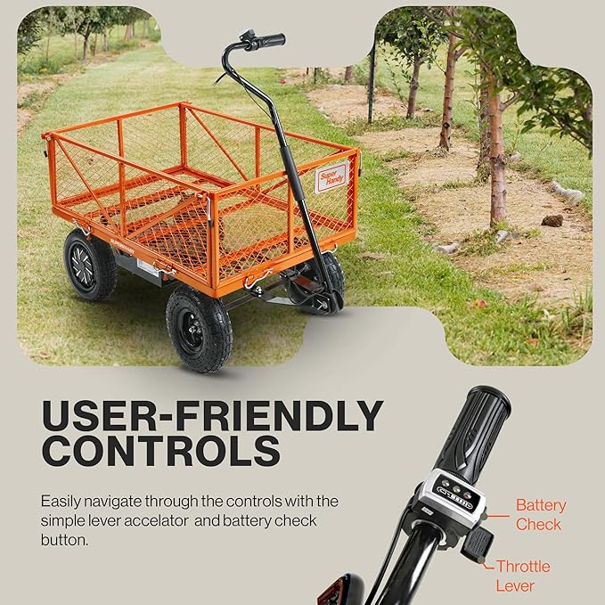 SuperHandy Electric-Assist Garden Cart - 5.7 Cubic Ft Utility Wagon, 440lbs Load, All-Terrain 10in Wheels, Anti-Rust Steel Frame, Convertible Flatbed Design