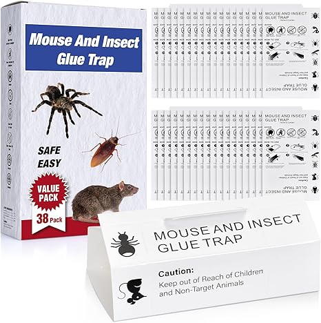 Mouse & Bugs Roach Spider Insect Traps, 38 Pack Glue Traps for Mice Ant Snake Rats, Sticky Pest Control Adhesive Tray for Catching, Sesame Oil Scent Non Toxic Pre-Baited Glue Boards Indoor Home