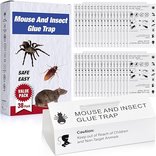 Mouse & Bugs Roach Spider Insect Traps, 38 Pack Glue Traps for Mice Ant Snake Rats, Sticky Pest Control Adhesive Tray for Catching, Sesame Oil Scent Non Toxic Pre-Baited Glue Boards Indoor Home