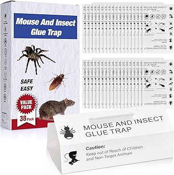 Mouse & Bugs Roach Spider Insect Traps, 38 Pack Glue Traps for Mice Ant Snake Rats, Sticky Pest Control Adhesive Tray for Catching, Sesame Oil Scent Non Toxic Pre-Baited Glue Boards Indoor Home