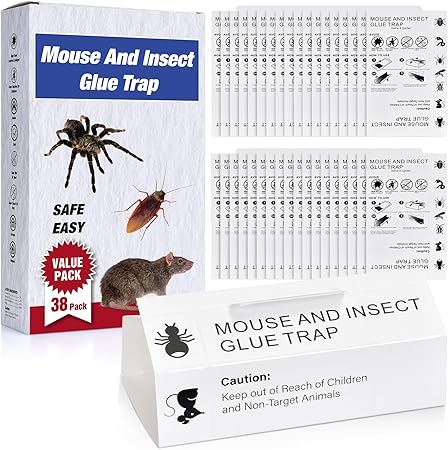 Mouse & Bugs Roach Spider Insect Traps, 38 Pack Glue Traps for Mice Ant Snake Rats, Sticky Pest Control Adhesive Tray for Catching, Sesame Oil Scent Non Toxic Pre-Baited Glue Boards Indoor Home