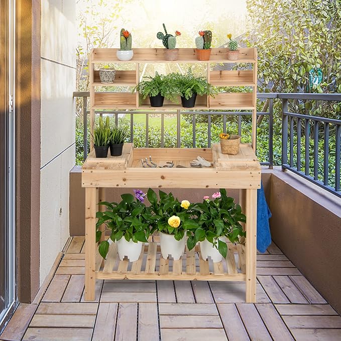 MAT EXPERT Potting Bench Table, 60.5" Garden Table with Open Shelves, Flip-Up Table, Display Rack, Side Hooks, Wooden Plant Bench, Garden Storage, Outdoor Workbench for Garden, Patio, Yard