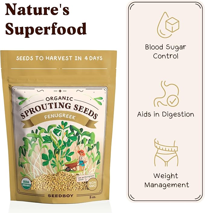 Seedboy Organic Non-GMO Fenugreek Seeds for Sprouting - Microgreens Sprouting Seeds - 8 oz Bag Makes 8 Quarts / 24 Servings (Fenugreek)
