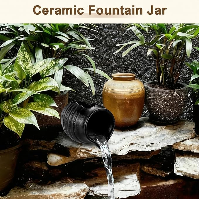Ceramic Garden Fountain Spitter, Clay Pot Ecological Tank for Pond/Backyard Water Feature/Cave Waterfall/Landscaping, DIY Water Flow Jar Hydroponic Vase [5.5in, Matte Black]