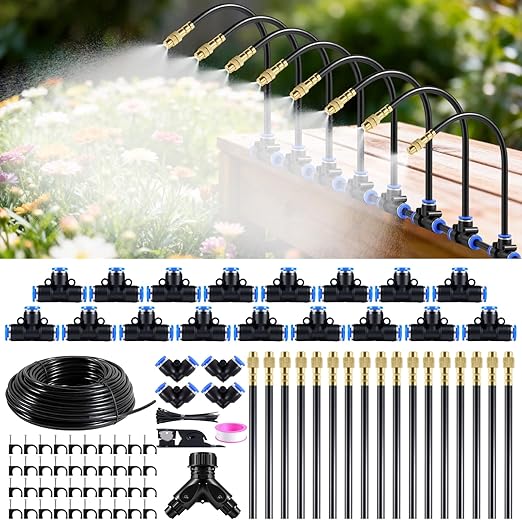 100FT Drip Irrigation System Kit for Garden with 17pcs Copper Nozzles&1/4" irrigationTubing,Easy Install Complete drip Irrigation System for Garden Watering System,Plants,Raised Beds&Greenhouses