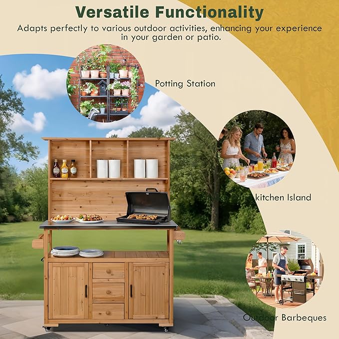 65''H Large Garden Storage Potting Bench with Lockable Wheels, Wood Outdoor Kitchen Island with Stainless Steel top, Drawers, Door Shelves and Hutch (Natural-Wheels)