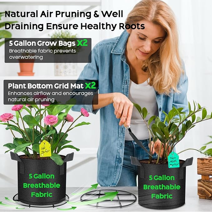 14PCS Garden Tool Set, Complete Garden Hand Tools with Extra 2 Grow Bags, 2 Grid Mats for Healthy Roots, Comfortable Kneeling Pad, 50 Waterproof Tags, Lockable Pruning Shear & Gardening Bag
