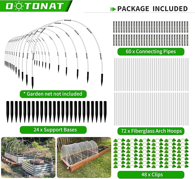 8FT Garden Hoops Grow Tunnel Kit - Rust-Free Fiberglass Frame for Raised Beds, 72pcs - DIY Plant Support for Garden Netting, Vegetable Garden Hoops Kit, Row Covers, and Greenhouse Protection