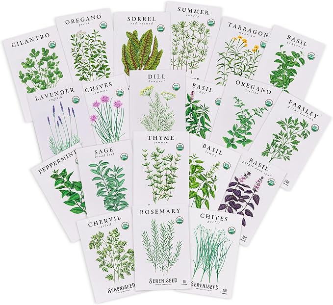 Sereniseed Certified Organic Herb Seeds (20-Pack) – Non GMO, Heirloom – Seed Starting Video
