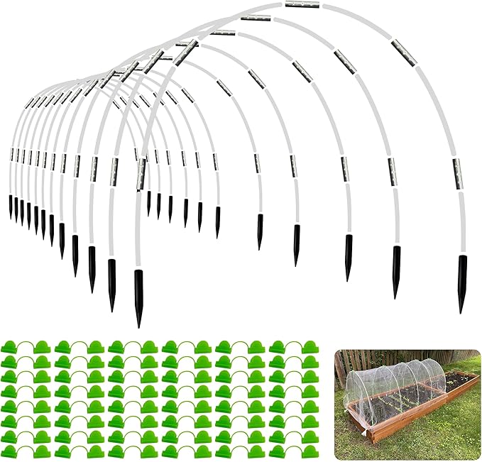 Garden Hoops for Raised Beds- Rust Free Fiberglass Frame Plant Hoops with Support Bases -Greenhouse Hoops Grow Tunnel , 72pcs，Vanilla