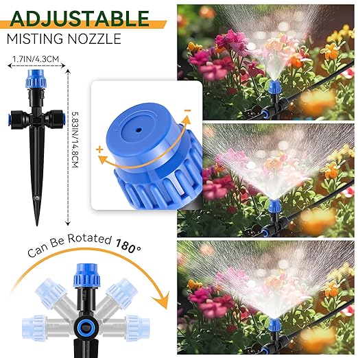 Meonum 65FT Greenhouse Watering System, Quick Connector Hanging Plant Watering System Automatic Mist Irrigation Kit with 1/4'' Blank Tubing, Two way Faucet Connector, Adjustable Misting Nozzle(1 Pack)