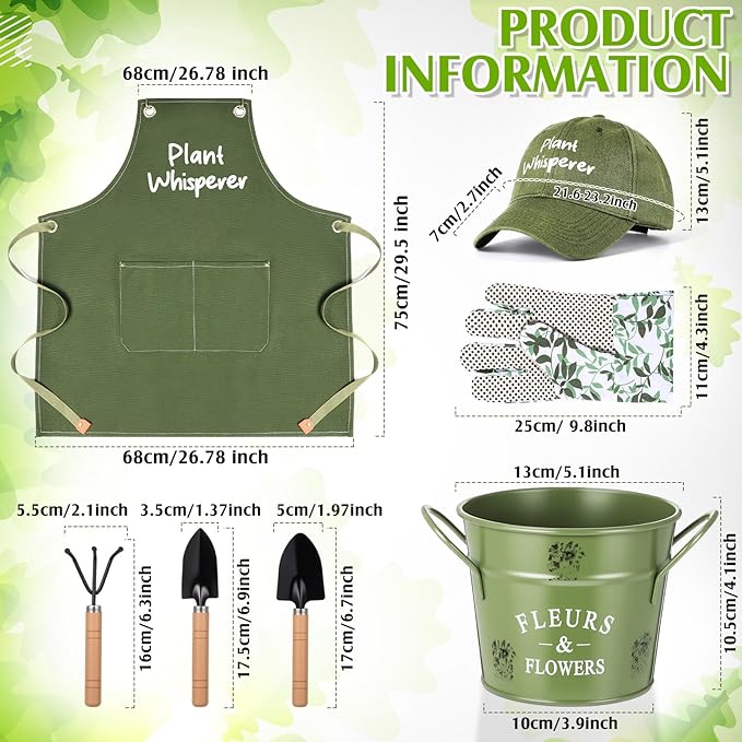 Tarpop Garden Tool Set Christmas Plant Whisperer Gardening Gifts for Women, 7 Pcs Vegetable Planting Tool Kit Cap Canvas Apron Gloves Soil Scoop Transplant Trowel Cultivator Flower Tub(Green)