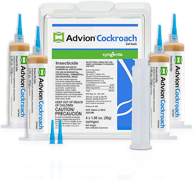 Advion Cockroach Gel Bait, 4 Tubes x 30-Grams, 1 Plunger and 2 Tips, Indoor and Outdoor Use, Roach Killer Gel for American, German and Other Major Cockroach Species (2 Pack)