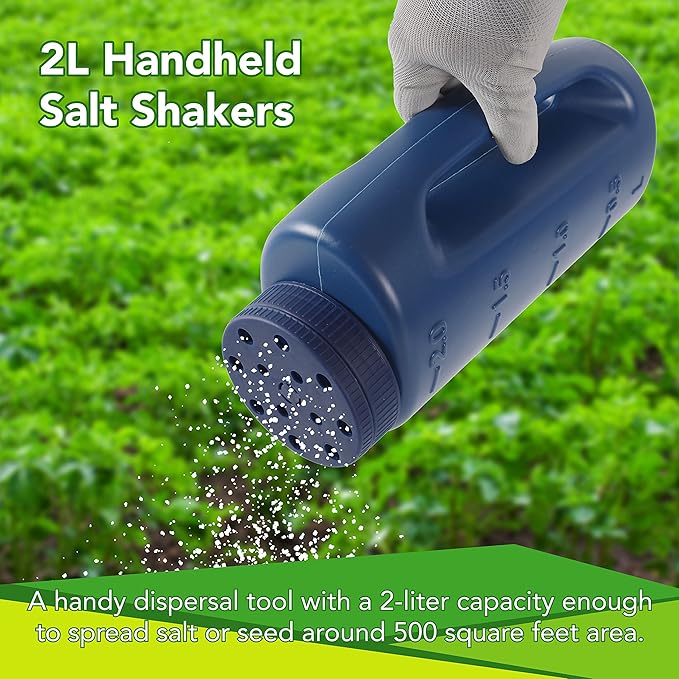 (2-Set) Multipurpose 2L Handheld Spreaders (Blue and Green) - Handheld Shakers for Seeds, Fertilizer, Salt, and More - With an Adjustable Dial for 7 Opening Modes - Includes 2 Scoops (Green)
