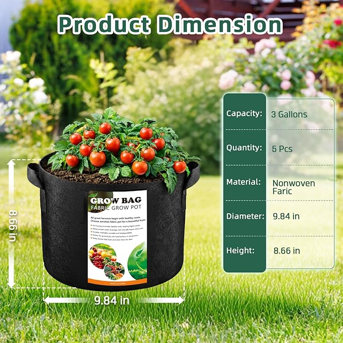 5 Pack 3 Gallon Fabric Grow Bags, Heavy Duty 300G Thickened Aeration Nonwoven Fabric Garden Pots with Handles, Planting Bag for Tomato, Potato, Strawberry, Vegetable, Fruits and Flowers
