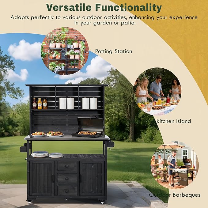 65''H Large Garden Storage Potting Bench with Lockable Wheels, Wood Outdoor Kitchen Island with Stainless Steel top, Drawers, Door Shelves and Hutch (Black-Wheels)