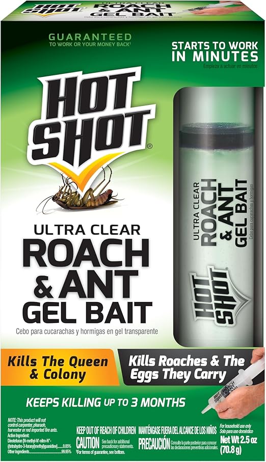 Hot Shot Ultra Clear Roach & Ant Gel Bait, 2.5 Ounces, Water-Based Gel Bait Dries Clear To Kill Roaches And Ants Indoors, Works In Minutes To Kill Queen And Entire Ant Colony, Roaches And Eggs