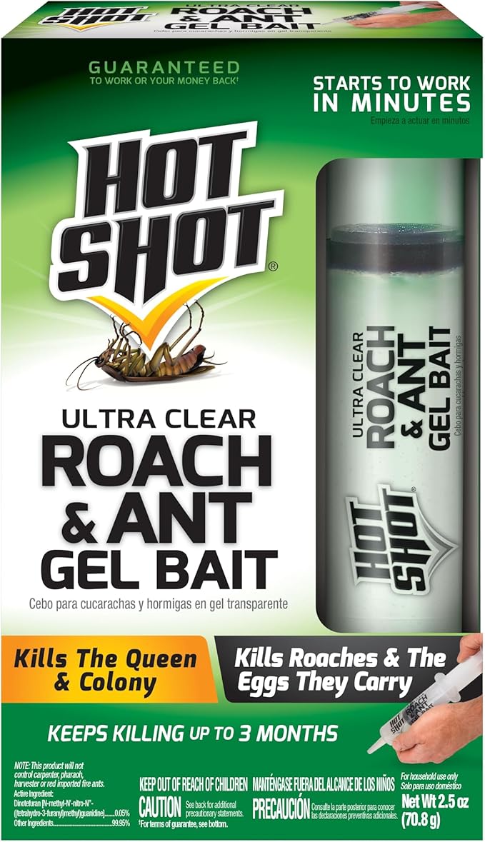 Hot Shot Ultra Clear Roach & Ant Gel Bait, 2.5 Ounces, Water-Based Gel Bait Dries Clear To Kill Roaches And Ants Indoors, Works In Minutes To Kill Queen And Entire Ant Colony, Roaches And Eggs