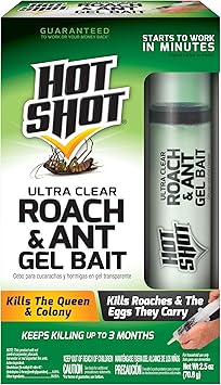 Hot Shot Ultra Clear Roach & Ant Gel Bait, 2.5 Ounces, Water-Based Gel Bait Dries Clear To Kill Roaches And Ants Indoors, Works In Minutes To Kill Queen And Entire Ant Colony, Roaches And Eggs