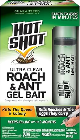 Hot Shot Ultra Clear Roach & Ant Gel Bait, 2.5 Ounces, Water-Based Gel Bait Dries Clear To Kill Roaches And Ants Indoors, Works In Minutes To Kill Queen And Entire Ant Colony, Roaches And Eggs