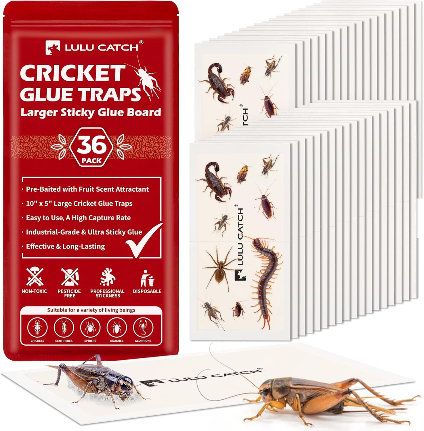LULUCATCH Cricket & Insect Glue Traps 24 Pack, Adhesive Bug Catcher, Pre-Baited Spider Scorpion Trap, Non-Toxic Glue Boards Indoor for Home Catching Bugs,Small Mice & Rodents, Pet Safe Pest Control