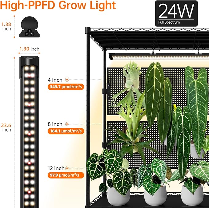 Bstrip Plant Cabinet with Pegboard, 3 Tier Plant Shelf with Grow Light, Metal Plant Stand with 4 Pack 96W Grow Lights for Indoor Plant, Foliage Plants, Seed Starting, 35.4"x13.8"x71"