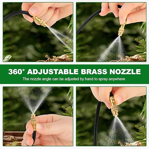 Drip Irrigation System 100FT, 1/4 inch Hose Garden Irrigation Kit with 30pcs 360° Adjustable Copper Nozzles, Upgrade Atomizing Watering System for Yard, Plants, Lawn, Greenhouses Accessories