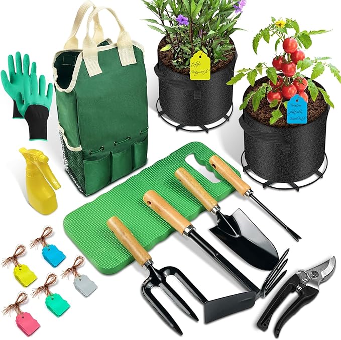 14PCS Garden Tool Set, Complete Garden Hand Tools with Extra 2 Grow Bags, 2 Grid Mats for Healthy Roots, Comfortable Kneeling Pad, 50 Waterproof Tags, Lockable Pruning Shear & Gardening Bag