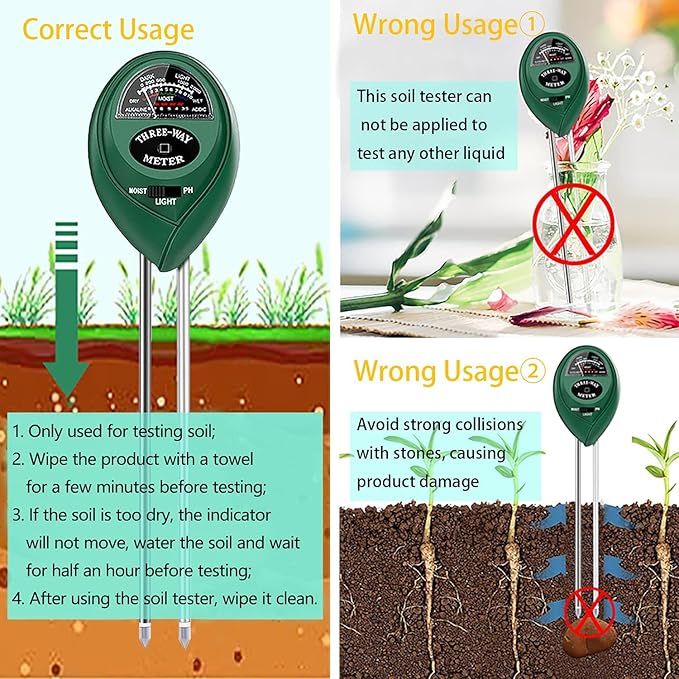 Soil PH Meter, Upgrade 3-in-1 Soil Teater Kit with Moisture, Light and PH Test, Gardening Tool Kit for Garden, Farm, Lawn, Plant, Indoor & Outdoor