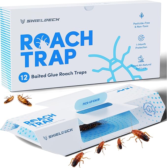 Shieldeck Roach Traps Indoor (12 Pack) – Non-Toxic Sticky Glue Traps for Roaches, Spiders & Crickets – Safe Roach Catcher for Home, Car, Apartment & Motel Pest Control