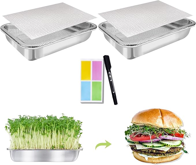 Stainless Steel Sprouts Growing Kit 2-Tier 10.4 inch Trays, Microgreens Growing Kit, Seed Sprouting Tray with Encrypted Mesh Sprouts for Beans Alfalfa Broccoli Wheat Grass