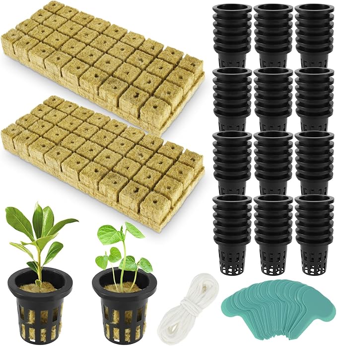 1.5inch Hydroponics Cubes, 72 Set Cubes with 72 Net Cups 30 Label, Good Absorption Hydroponics Mesh Net Cup Kit for Hydroponics Soilless Cultivation Seedlings Cuttings Clone Plants