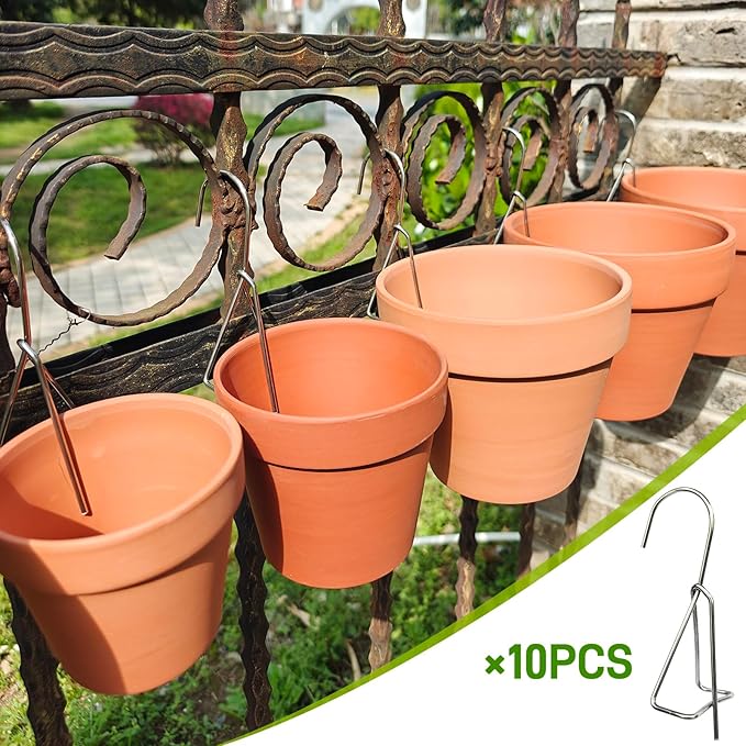10 Packs Terracotta Pots Hanger Hooks,Sturdy Thick Stainless Steel Plant Hanger,Flower Pot Holders for Clay Pots,Wall and Fence Mounted Plant Hanging Holder for Terra Cotta Pot(Vertical Hang,10Pack)