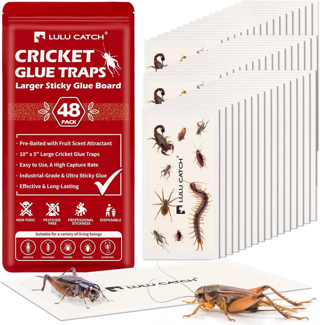 LULUCATCH Cricket & Insect Glue Traps 24 Pack, Adhesive Bug Catcher, Pre-Baited Spider Scorpion Trap, Non-Toxic Glue Boards Indoor for Home Catching Bugs,Small Mice & Rodents, Pet Safe Pest Control