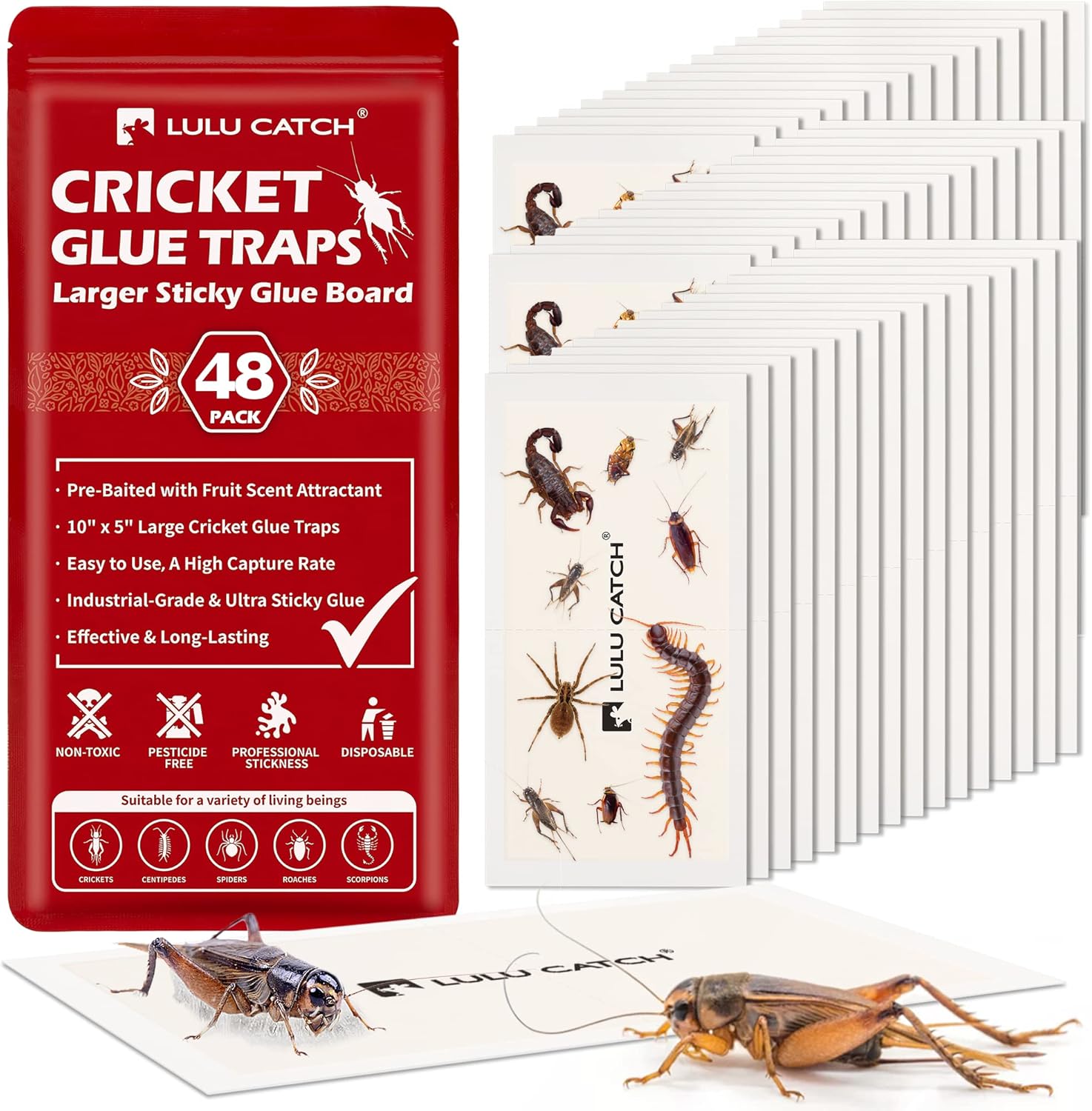 LULUCATCH Cricket & Insect Glue Traps 24 Pack, Adhesive Bug Catcher, Pre-Baited Spider Scorpion Trap, Non-Toxic Glue Boards Indoor for Home Catching Bugs,Small Mice & Rodents, Pet Safe Pest Control