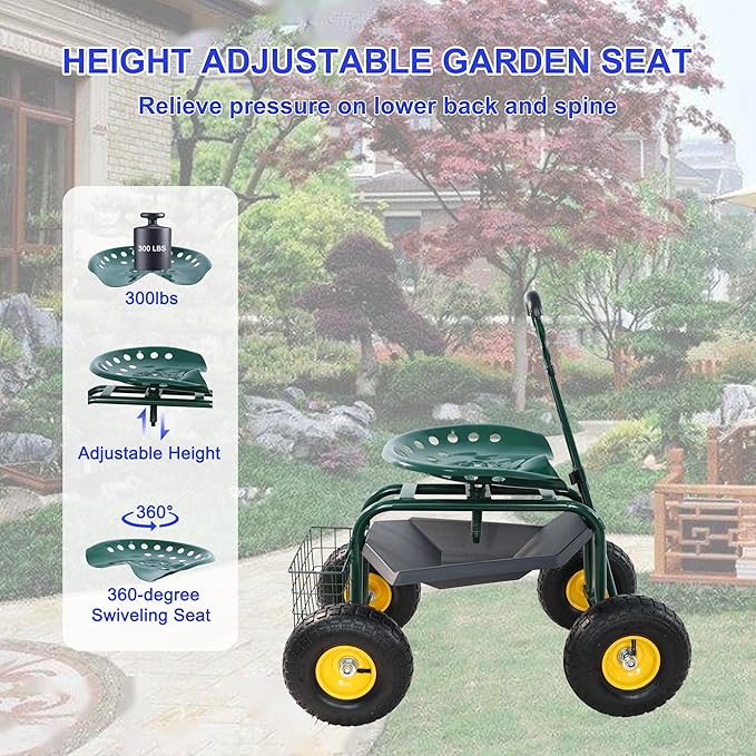 Heavy Duty Garden Cart Rolling Scooter with Adjustable Swivel Seat, 360° Rotation, 10" Pneumatic Tires, Extendable Steering Handle & Tool Basket – Outdoor Yard Gardening Seat with Storage Tray (Green)
