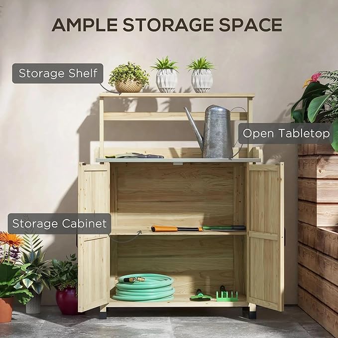 DTY Potting Bench Wood Natural Outdoor Garden Storage Cabinet & Shelves - Default