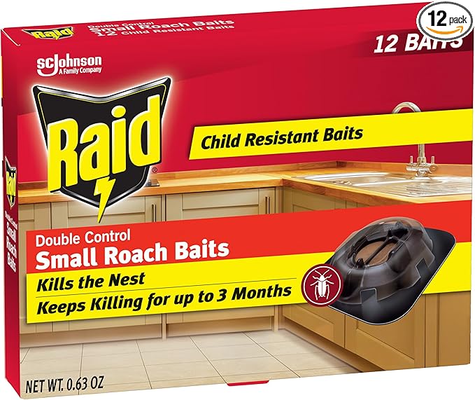 Raid Double Control Small Roach Baits, Child Resistant, For Indoor Use, Kills Roaches for 3 Months, 12 Count