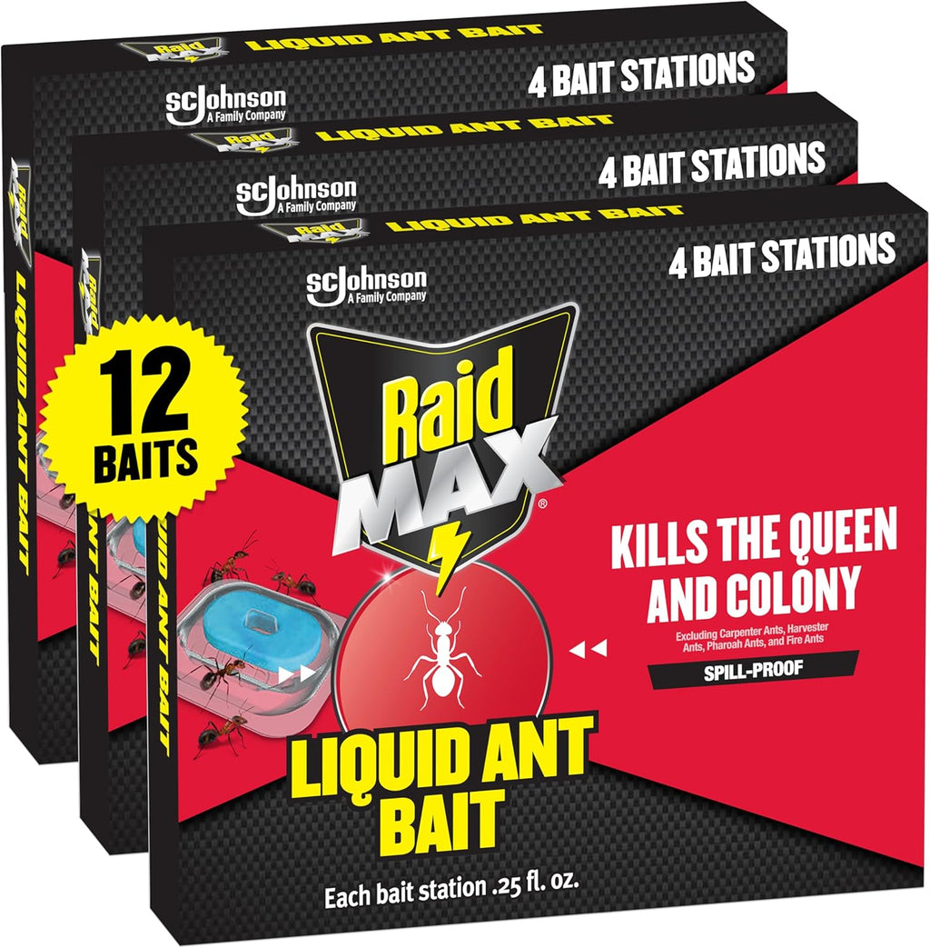 Raid Max Liquid Ant Bait; Kills Ants Where They Breed, for Indoor and Outdoor Use; 4 Bait Stations