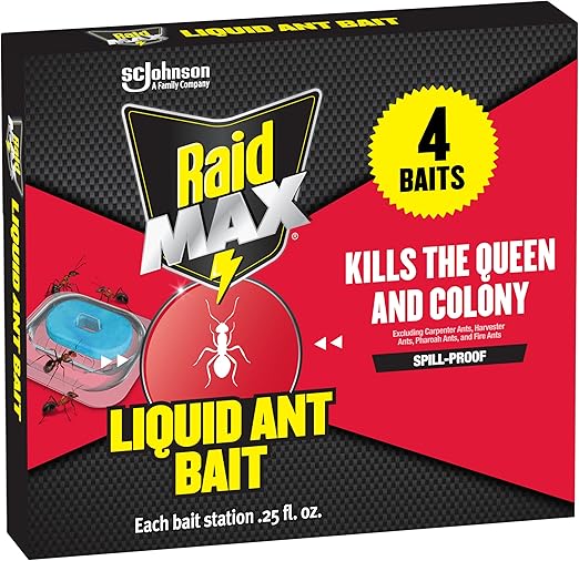 Raid Max Liquid Ant Bait; Kills Ants Where They Breed, for Indoor and Outdoor Use; 4 Bait Stations