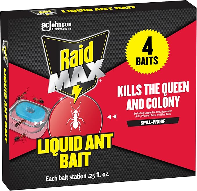 Raid Max Liquid Ant Bait; Kills Ants Where They Breed, for Indoor and Outdoor Use; 4 Bait Stations