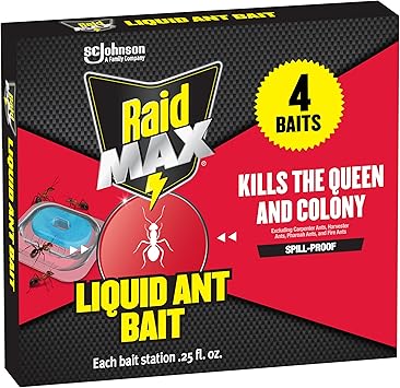 Raid Max Liquid Ant Bait; Kills Ants Where They Breed, for Indoor and Outdoor Use; 4 Bait Stations